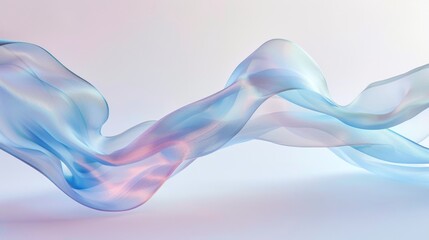 A floating iridescent holographic pastel blue ribbon on white background, soft and dreamy atmosphere, ethereal lighting creating subtle reflections, close-up shot capturing the delicate texture of fab