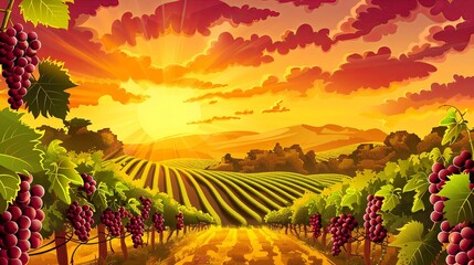 2d vector illustration Sunset over a vineyard background