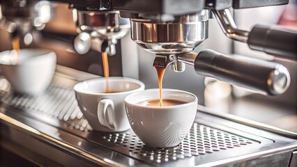 Barista making coffee with a professional espresso machine in a cafe. Freshly brewed coffee pours into two white cups on a metal tray.