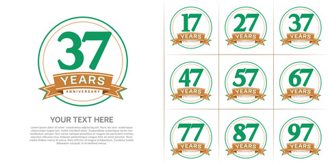 anniversary logotype set vector, green color with circle and brown ribbon for special day celebration