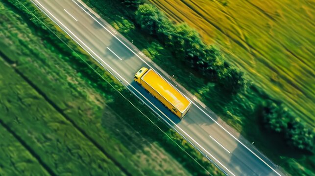 an aerial view of a yellow truck in a long road in the middle of a green countryside , taken on a Nikon D5 with a 200mm 2