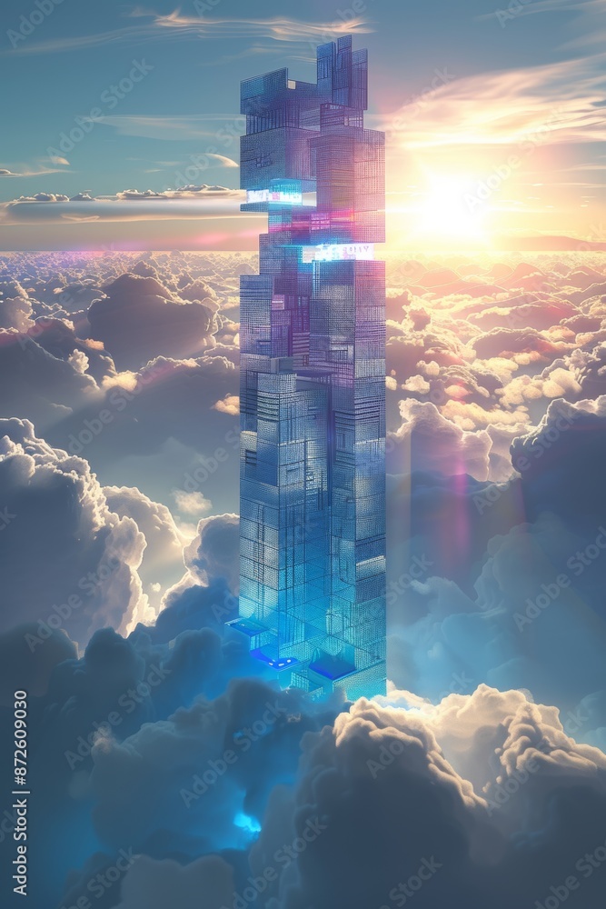 Wall mural The pure glass building above the clouds, towering into the clouds, artistic conception White clouds against the sun Cool colors blue tint with a dot in the middle stained glass building pure blue ton