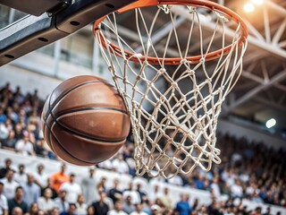 Fototapeta premium Close-up of a basketball going through the hoop during a game in a crowded indoor stadium, capturing the excitement of the sport.