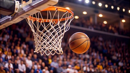 A basketball about to score in a packed stadium, capturing the thrilling moment during an intense game.