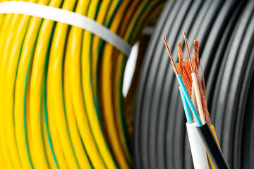 Closeup of Stripped Electrical Wires Against Rolled Cable