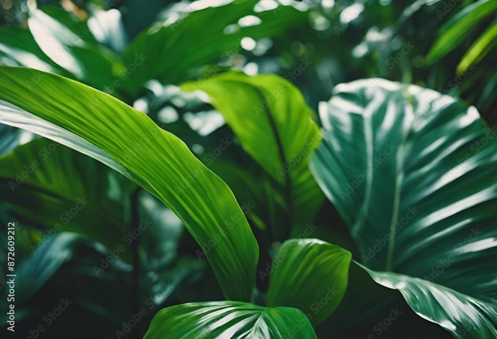 Poster Close-up of lush green tropical leaves with natural light and shadows.