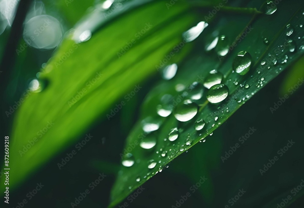 Sticker Close-up of green leaves with water droplets after rain in a lush garden.