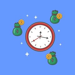 Vector illustration of "time is money" concept designed in flat cartoon style. Design of clock, money bag and dollar coins. Business theme.