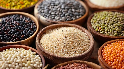 Fototapeta premium Many different types of grains and seeds in bowls.