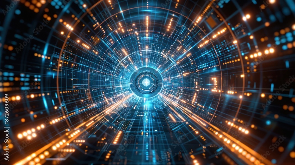 Poster a computer generated image of a tunnel with a glowing blue and orange light