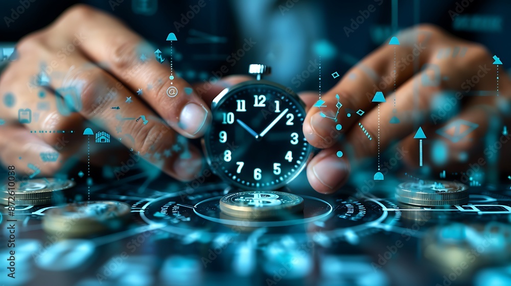 Poster conceptual image of a businessman holding a clock surrounded by glowing digital interface representi