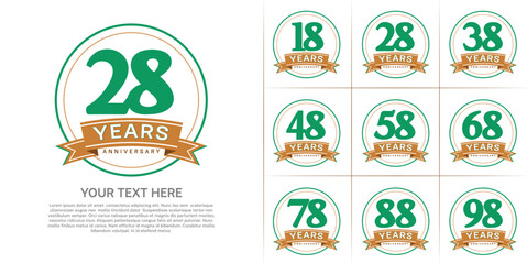 anniversary logotype set vector, green color with circle and brown ribbon for special day celebration