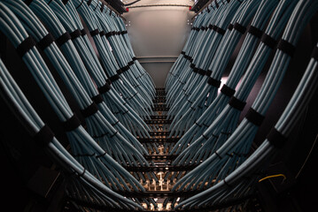 close up of network cables connected to server racks in data center room.