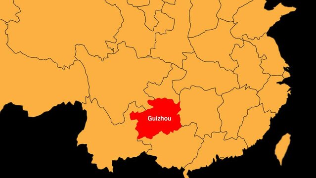 Guizhou map animated video. Guizhou location is highlighted on the China map colour with a transparent png background in video format.