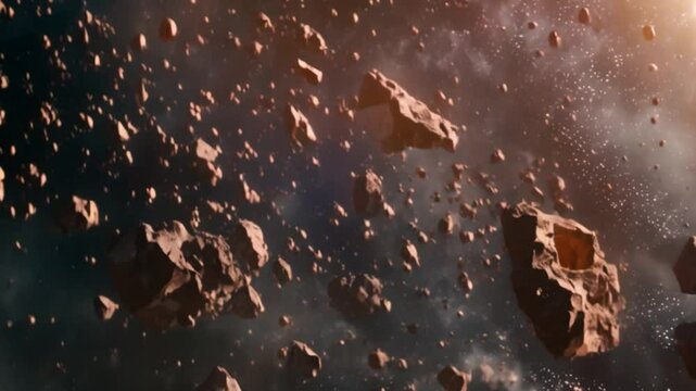 This digital illustration of an asteroid field in space. Space background
