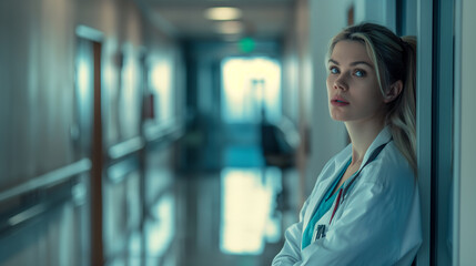 Obraz premium Woman in white coat hospital hallway
