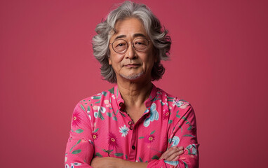 A middle-aged genderfluid person poses with arms crossed in a pink floral shirt. They are standing in front of a red background