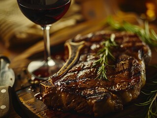 Steak with rosemary and wine on a wooden table.