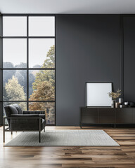 Elegant living room interiors composition with a stylish sideboard next to a large window. Residential Real Estate interior design conceptual image.