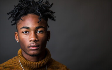 Obraz premium A young Melanesian adult with dark skin and dreadlocks looks directly at the camera while wearing a brown turtleneck sweater