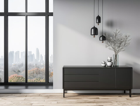 Elegant living room interiors composition with a stylish sideboard next to a large window. Residential Real Estate interior design conceptual image.