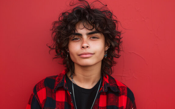 A young person of Latino descent poses against a red wall wearing a red flannel shirt. They are smiling and have curly dark hair - Powered by Adobe