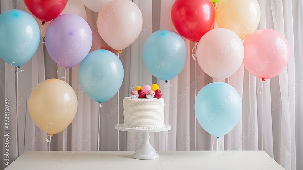 Poster simple birthday party decor with minimal balloons and a plain cake, creating a cheerful atmosphere i