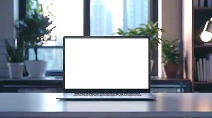 Fototapeta premium Businesswoman with an empty sleek laptop mockup on a minimalist desk, tech, modern, professional
