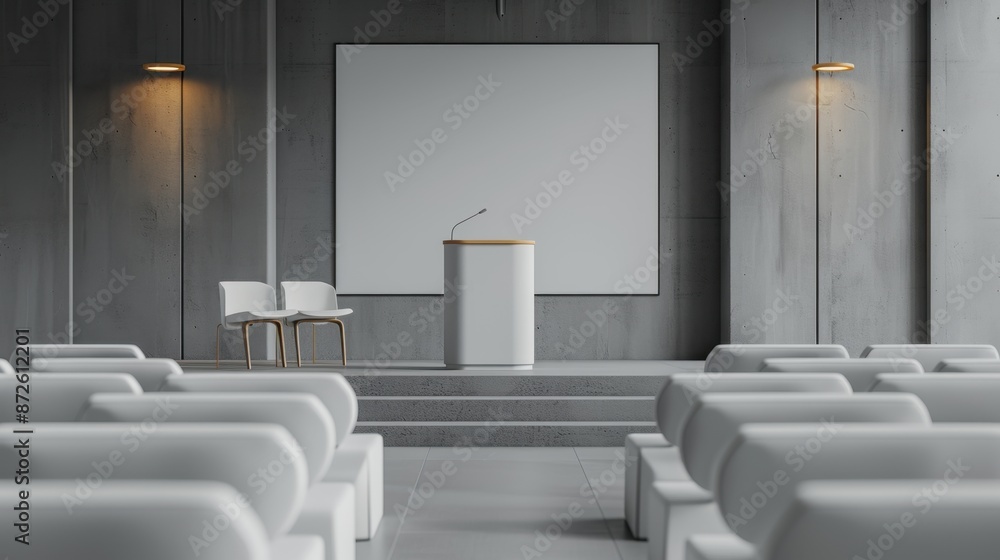 Poster seminar setup with minimalistic seating and a simple podium, against a clean background, focusing on