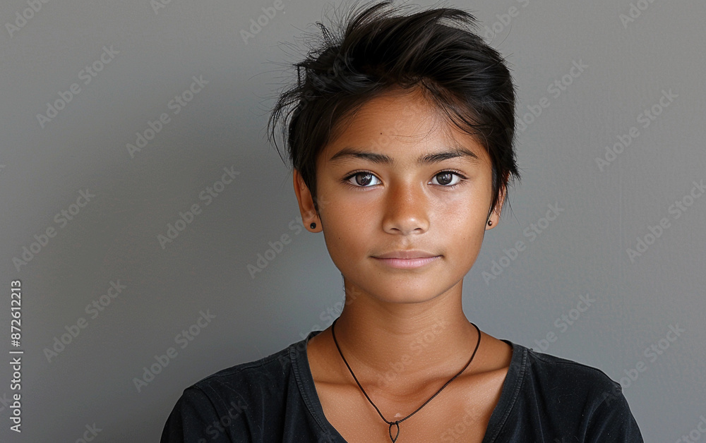 Wall mural A young person with short black hair, wearing a black t-shirt, looks directly at the camera