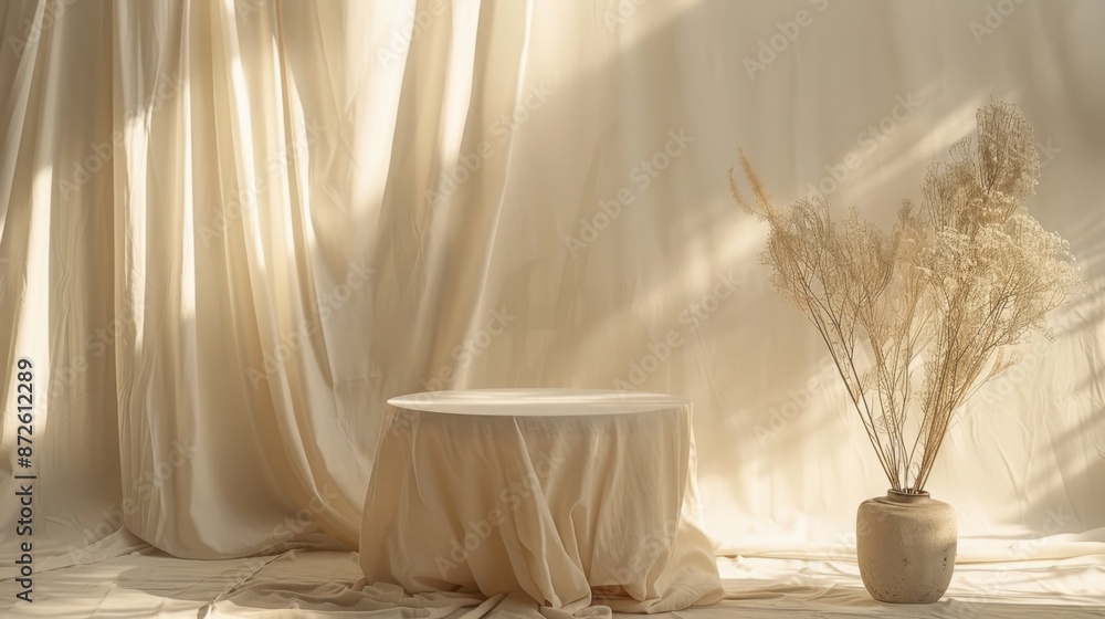 Aufkleber a serene setup featuring an empty round table adorned with minimalist decorations against a plain ba