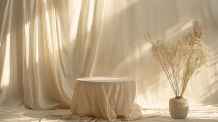 A serene setup featuring an empty round table adorned with minimalist decorations against a plain backdrop, capturing the essence of a planned yet simple reunion event.