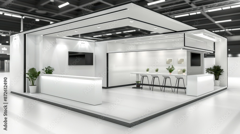 Poster an empty exhibition booth with clean lines and minimal decorations, isolated on a plain background, 