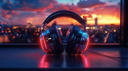 Fototapeta premium Stylish Headphones with City Night Lights Background - Generative AI