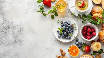A simple brunch setup with minimalistic food items and decor, isolated on a plain background, capturing the essence of a brunch event.