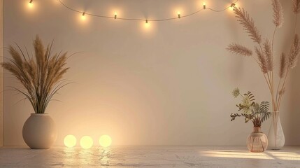 A stylish, minimalistic evening setup with simple decor and ambient lighting, isolated on a plain background, symbolizing a soiree event.