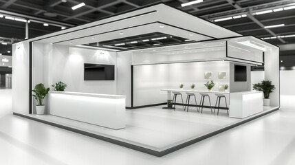 An empty exhibition booth with clean lines and minimal decorations, isolated on a plain background, ready for an expo event.