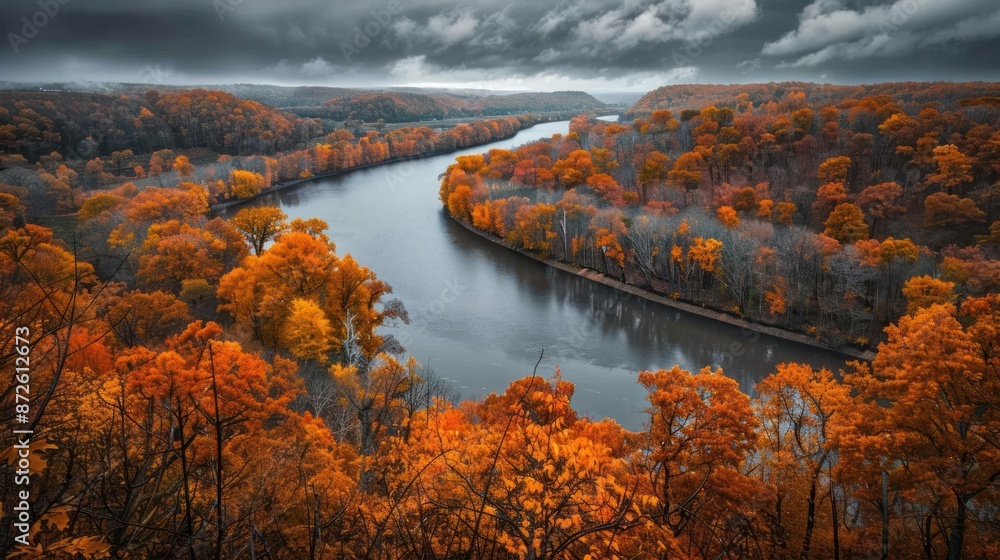 Poster a river with trees on both sides and a cloudy sky in the background