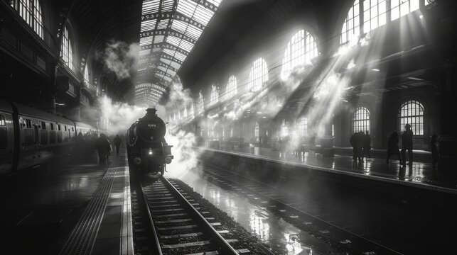 Vintage Train Station with Steam Engine and Sun Rays - Generative AI