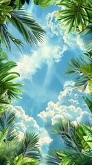 Tranquil palm trees under a clear sky create a serene and peaceful scene in a tropical paradise