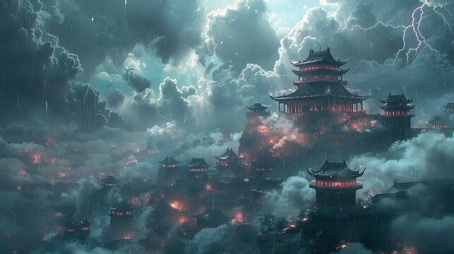 The sky above the ancient Chinese city is covered with dark clouds and lightning, high-definition picture with high details, 16k 