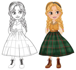 Fototapeta premium Illustration of a girl with braids and plaid skirt