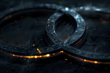 Futuristic abstract background with two metallic rings in dark tones, black color scheme, glowing lights and particles, cyberpunk style, highly detailed and reflective surfaces, dark and moody atmosph