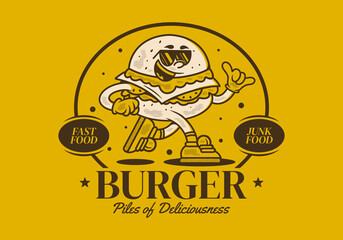 Burger, pile of deliciousness. Retro mascot character illustration of burger in running pose