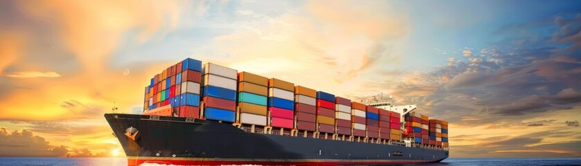 Fototapeta premium Large cargo container ship sailing at sunset, cargo container ship, maritime transport