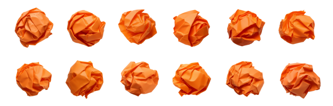 Set of crumpled orange paper with various shapes, brainstorming creative process idea creativity. abstract design elements.