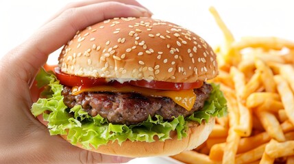 Person Eating Hamburger with Fries