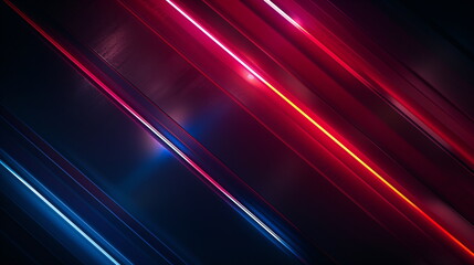 An abstract background with glowing red and blue diagonal neon lines conveying a sense of speed on a black background. Technology, speed, future concept.