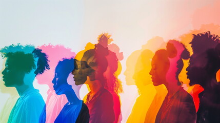 An abstract graphic illustration that overlaps rainbow multi-colors on the profile silhouettes of various people standing side by side. Graphic design that conveys messages of diversity and inclusion.
