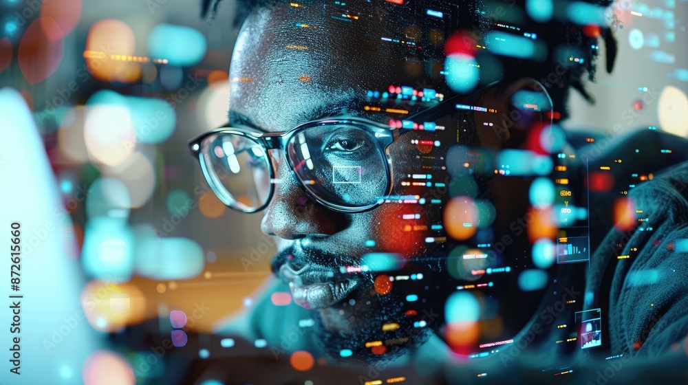 Poster digital innovation in business: businessman engrossed in virtual startup ideas and data visualizatio